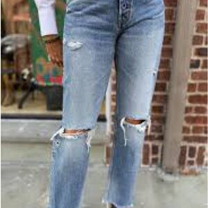 Moussy Light Blue Distressed Straight Leg Jeans